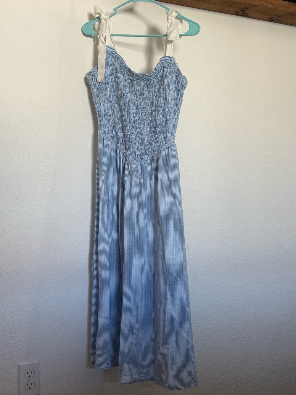 Sienna Sky Blue and White Striped Smocked Maxi Dress with Cream Tie Straps